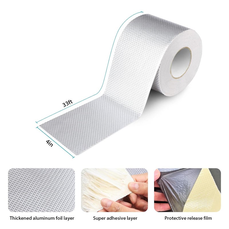 360Tronics Butyl Waterproof Tape 4" x 33 ft, All Weather Self-Adhesive Leakproof Aluminum Foil Tape for Metal Roof Leak Repair, RV Rubber Roof, Deck Joist, Gutter Joints Sealing, Boat & Pipe Patching - Image 2